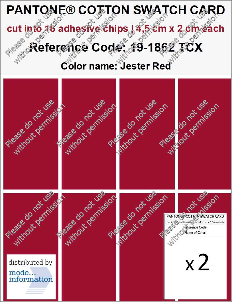 PANTONE COTTON SWATCH CARD 19-1862 TCX Jester Red (cut into